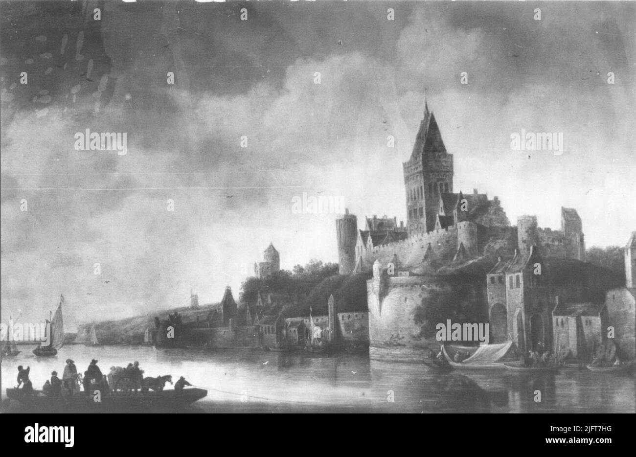 Un dipinto di F. de Hulst (ca. 1660-1661), raffigurante la Valkhofburcht vista dall'altro lato del fiume De Waal. Foto Stock