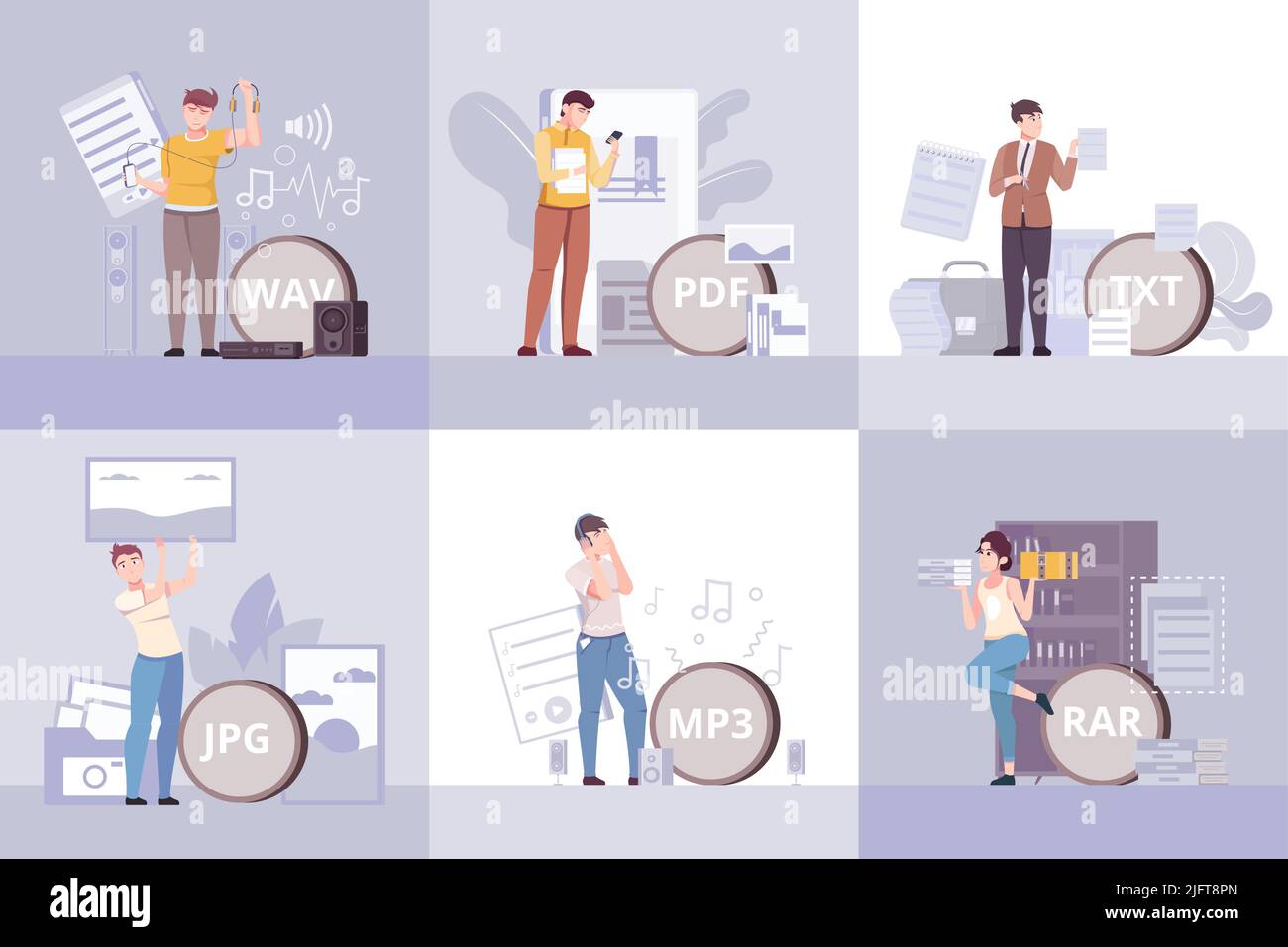 Set di file di sei composizioni quadrate con caratteri umani piatti di professionisti che utilizzano diverse estensioni di file illustrazione vettoriale Illustrazione Vettoriale