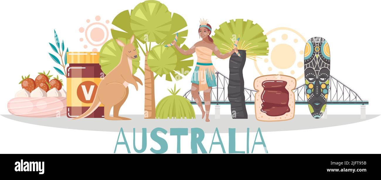 Australia cartoon composizione con canguro vegemite antico legno dipinto maschera femmina aborigina carattere tenendo boomerang flat vettore illustrazione Illustrazione Vettoriale