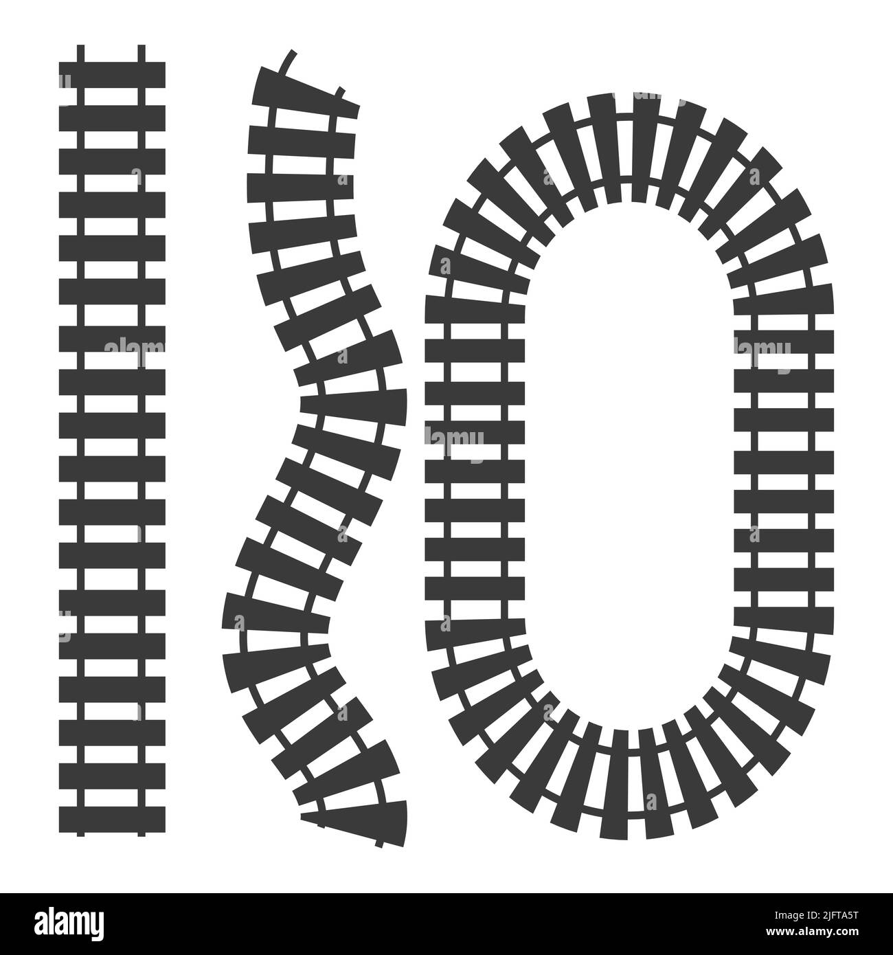 Vista dall'alto della collezione Rail Way, ferrovia nera in stile cartoon isolata su sfondo bianco. Linea curva set ferrovia. Silhouette. Illustrazione vettoriale Illustrazione Vettoriale
