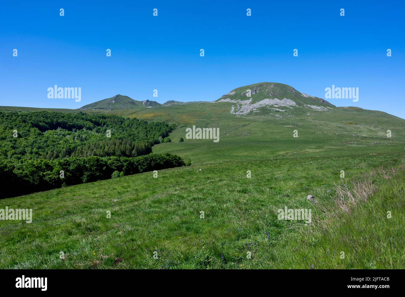 Auvergne paesaggio in primavera nelle montagne di Auvergne nel dipartimento di Puy-de-Dome in Francia nel Massif-Centrale intorno al Massif du Sancy Foto Stock