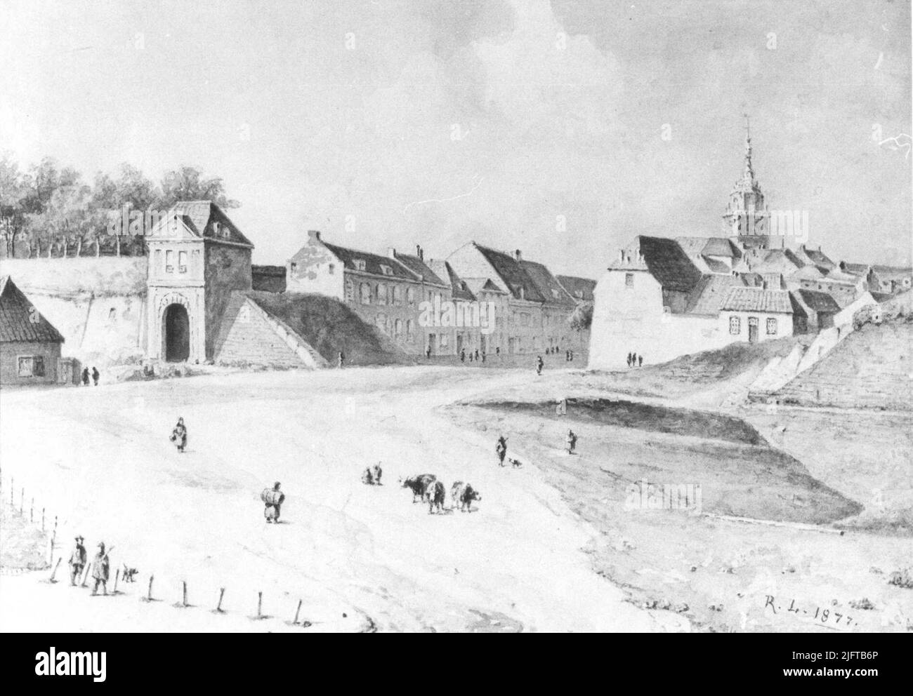 Il Molenpoort, che rappresenta la svolta dalla vecchia riva; un disegno fatto da Rudolphus Lauwerier Foto Stock