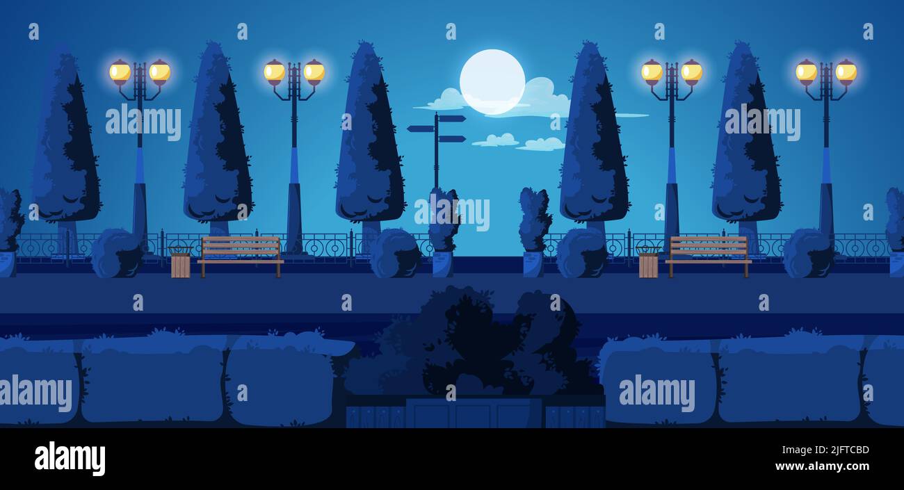 Estate notte parco vicolo piano bandiera orizzontale con lanterne luna panchine arbusti blu scuro sfondo vettore illustrazione Illustrazione Vettoriale