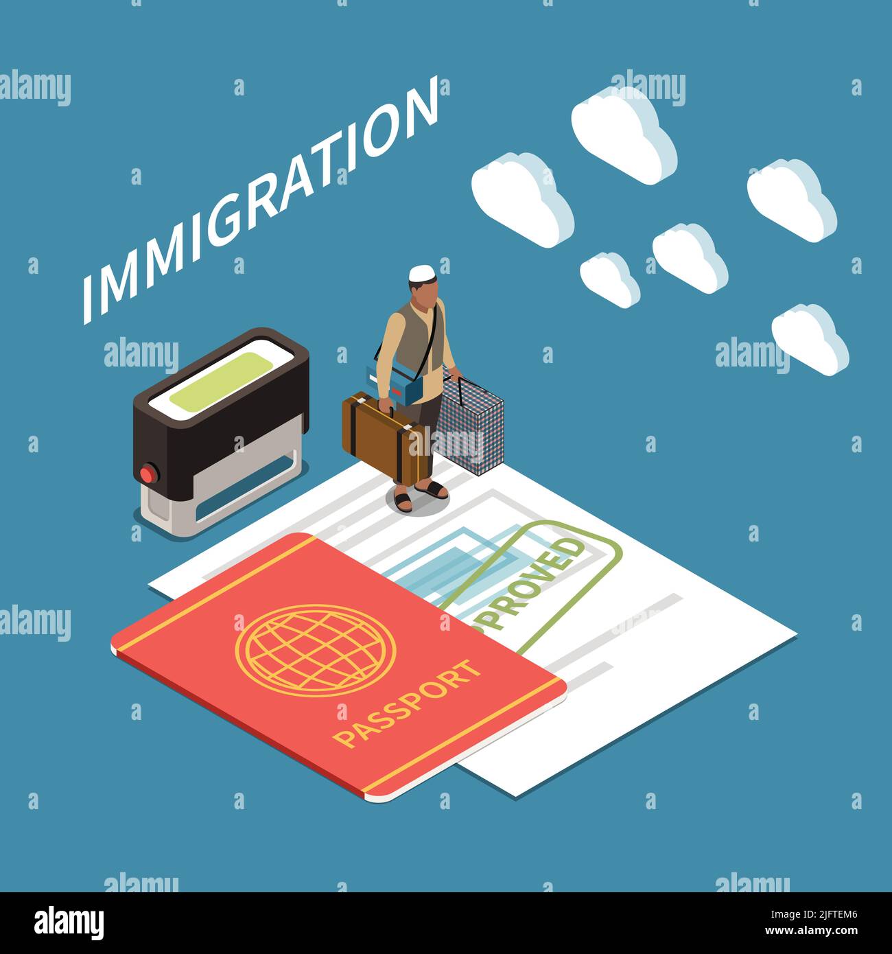 Immigrazione sfondo isometrico con piccolo uomo che tiene le valigie in entrambe le mani in piedi sul grande visto con illustrazione vettore timbro approvato Illustrazione Vettoriale