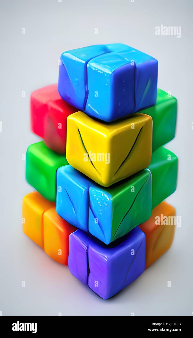 Una rappresentazione verticale 3D di una pila di cubi colorati su sfondo grigio chiaro. Foto Stock
