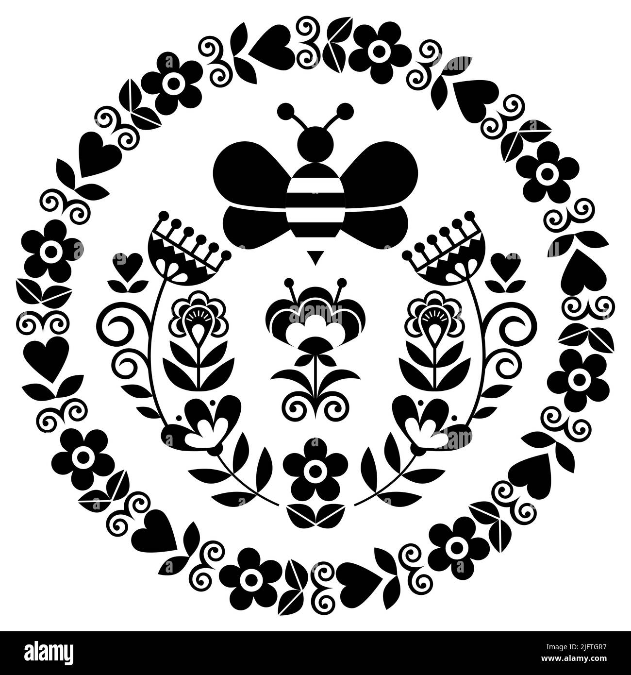 Design vettoriale circolare floreale folk scandinavo, motivo bianco e nero naturale con api e fiori ispirati al tradizionale ricamo d'arte folk di SW Illustrazione Vettoriale