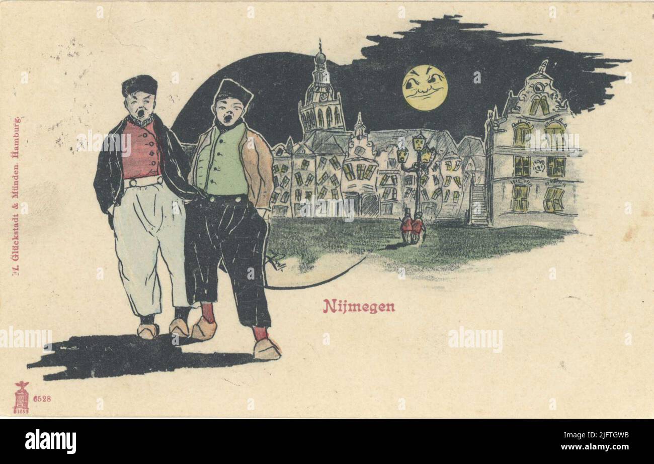 Un disegno di caricatura, che rappresenta due partygoer cantanti per Waaggebouw Foto Stock