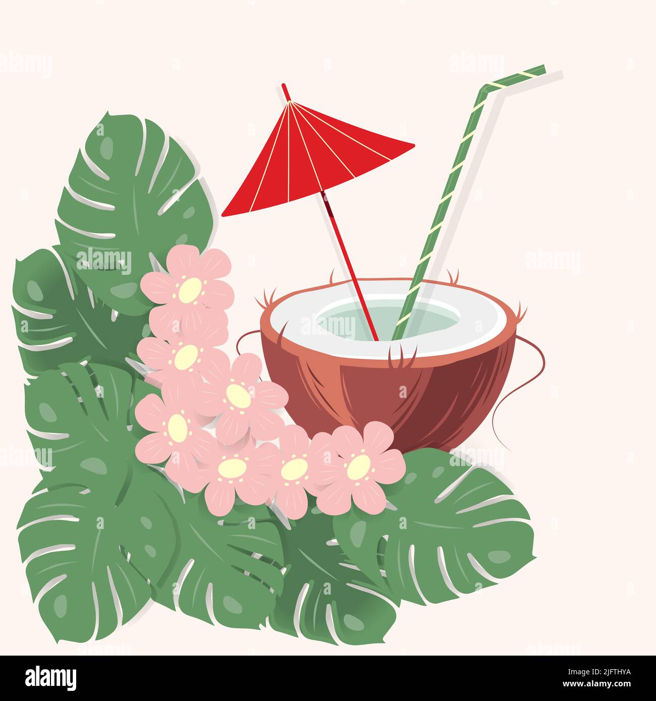 Cocktail in una conchiglia di cocco con un ombrello e paglia in tonalità alla moda con fiori e foglie esotiche monstera. Utile per volantini, volantini, stampe e motivi. Illustrazione Vettoriale