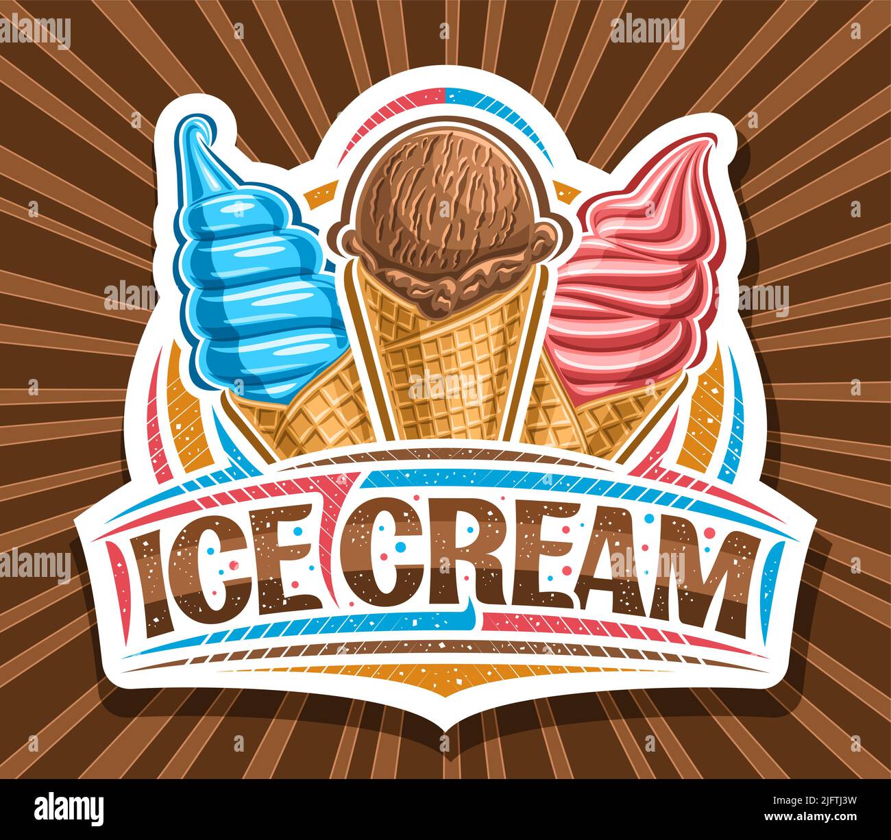 Logo vettoriale per gelato, cartoncino di carta tagliato per caffè bambini con illustrazione di triple vivide icecreams in coni waffle, scritta unica spazzola per Illustrazione Vettoriale