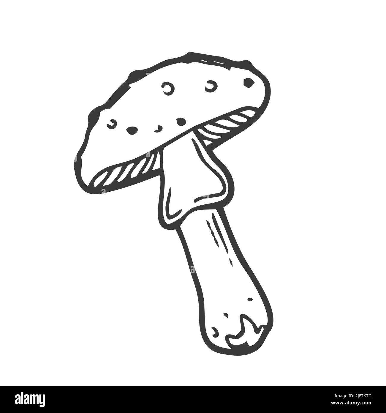 Icona a forma di scarabocchio fly-agarico. Schizzo nero disegnato a mano. Segno simbolo cartoon. Elemento decorativo. Sfondo bianco. Isolato. Design piatto. Illustrazione Vettoriale