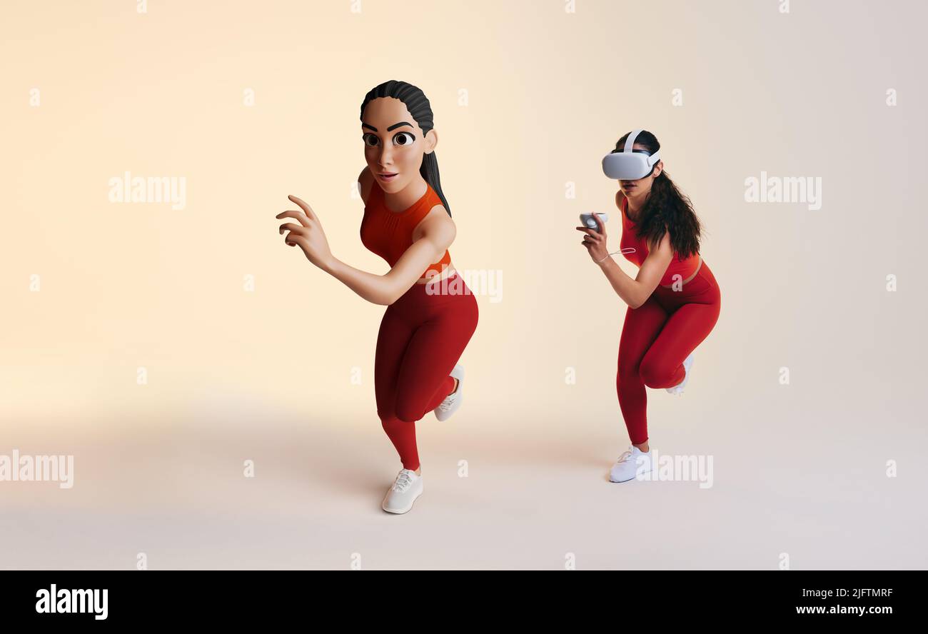 Esplorare il fitness metaverse. Giovane donna sportiva che gioca un gioco di fitness realtà virtuale come un avatar 3D. Giovane atletica che corre con reami virtuali Foto Stock