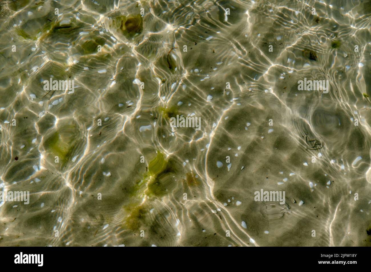 Acqua limpida sulla spiaggia in una giornata estiva con spazio per fotocopie. Vista dall'alto della calma bassa marea del mare ondeggiare durante la primavera. Primo piano del sole luminoso riflesso splendente Foto Stock