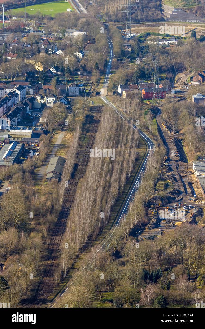 Vista aerea, pista ciclabile, nuova pista ciclabile RS1 sulle vecchie linee ferroviarie tra Ückendorfer Straße e Blücherstraße e Darpestraße nel distretto di Gü Foto Stock