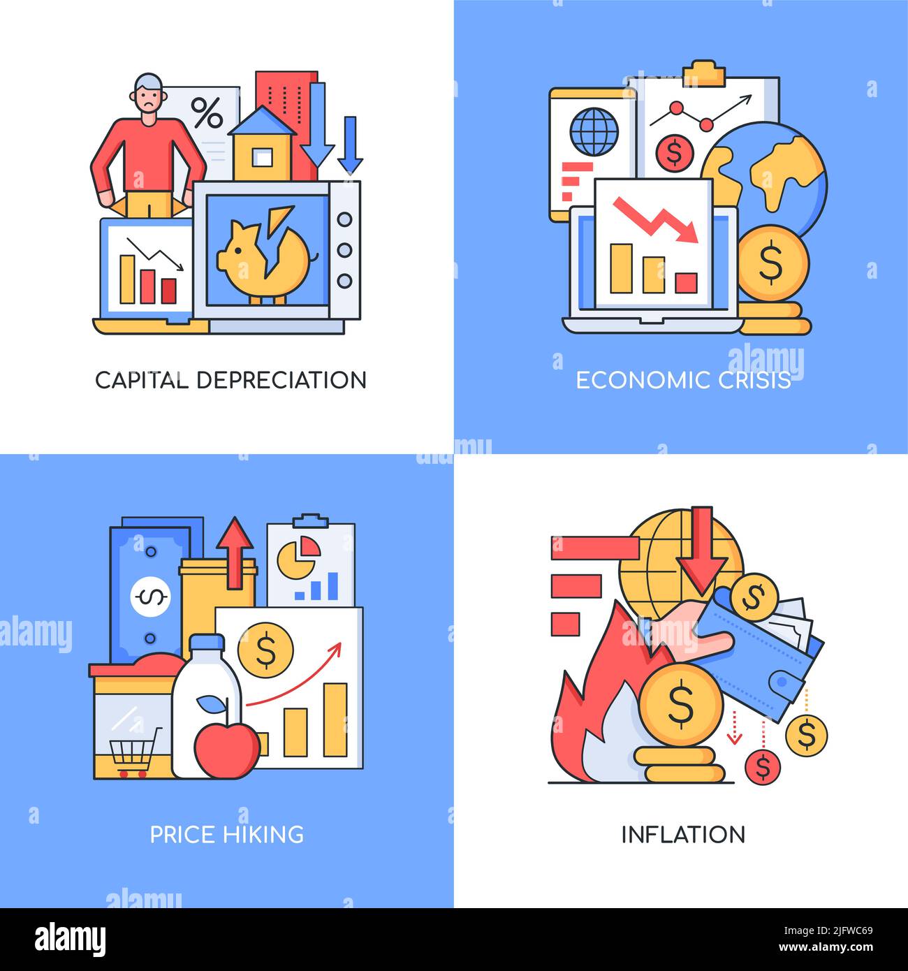 Crisi economica e inflazione - insieme di disegno linea stile illustrazioni colorate Illustrazione Vettoriale