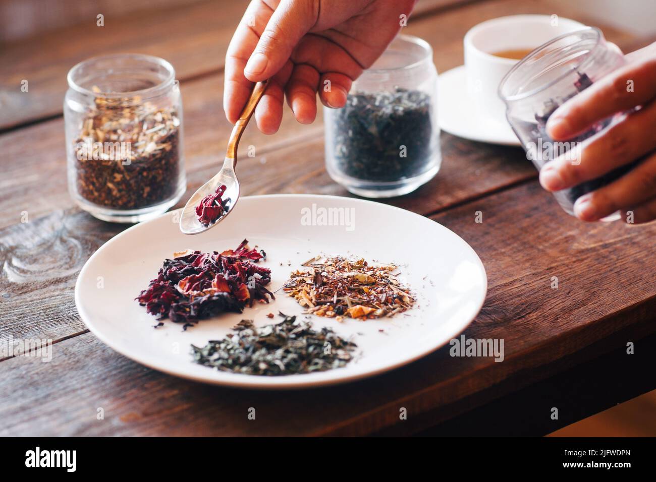 Degustazione di tè alle erbe aromatiche gourmet selezione di bevande calde Foto Stock