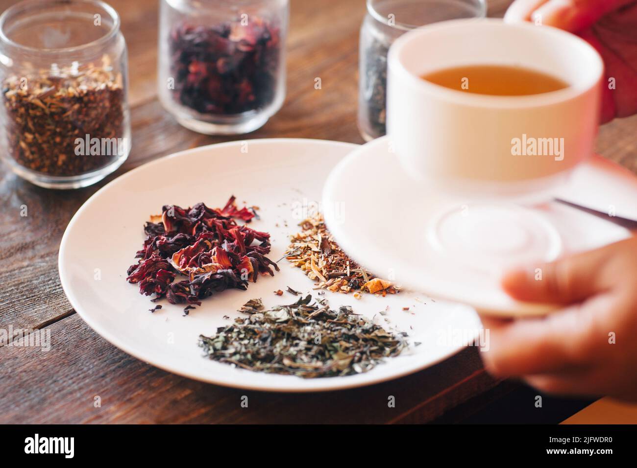 Degustazione di tè alle erbe aromatiche gourmet selezione di bevande calde Foto Stock