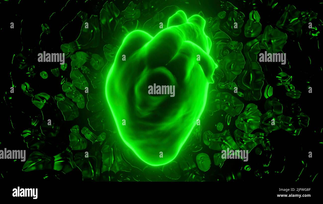Modello digitale del cuore pulsante umano realistico, diagnostica del sistema circolatorio umano. Design. Silhouette al neon di un cuore Foto Stock