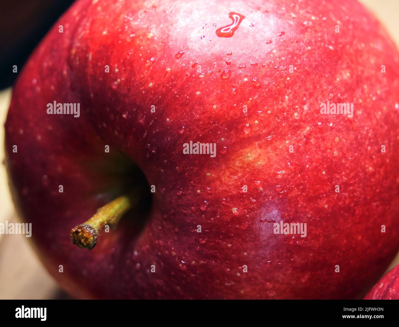 Grande mela rossa matura, primo piano. Gocce d'acqua su una buccia di mela. Un bel frutto. Foto Stock