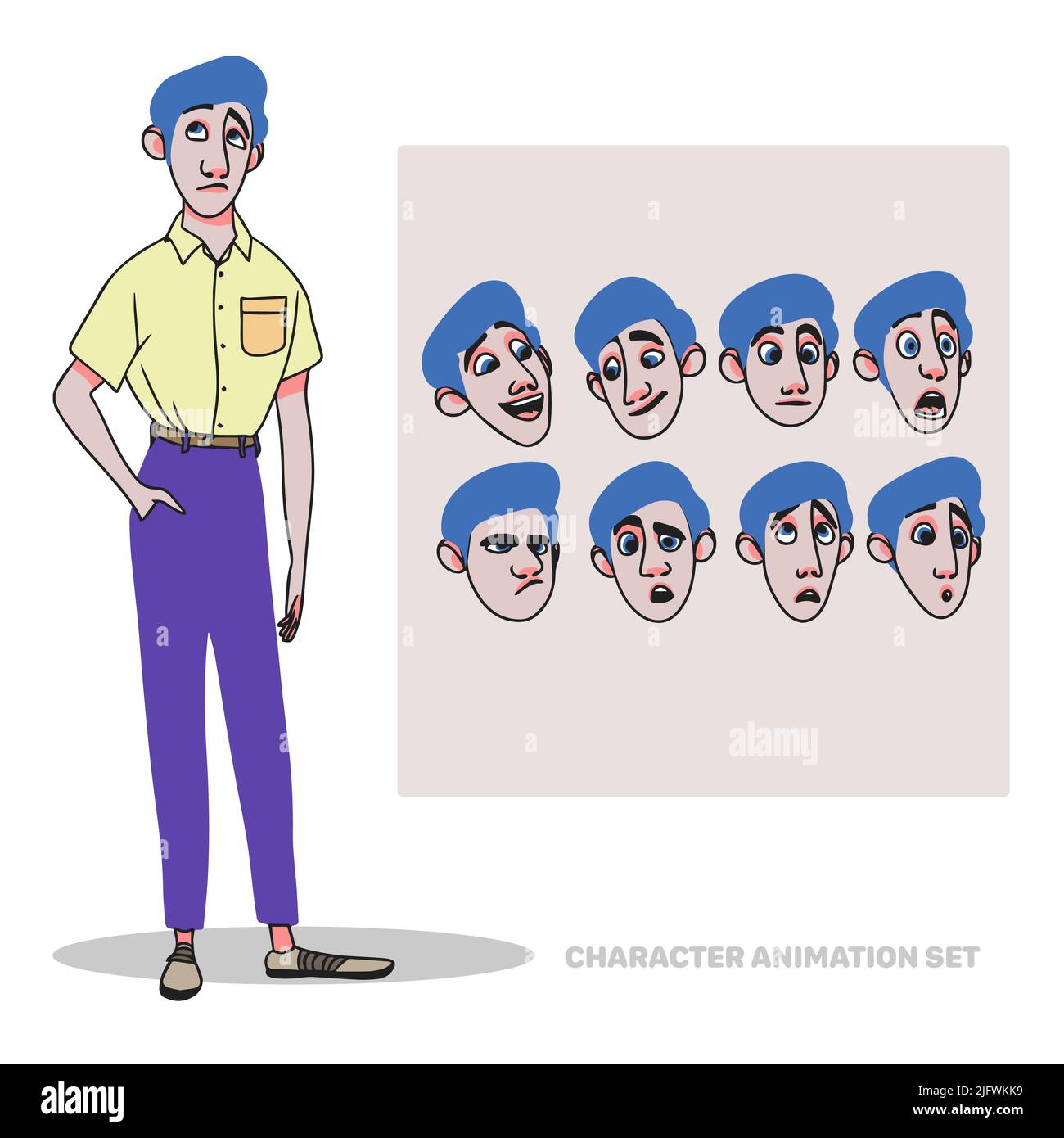 Set di animazione personaggio, ragazzo camicia, full length, creazione di persone con emozioni, animazione facciale, doodle Illustrazione Vettoriale