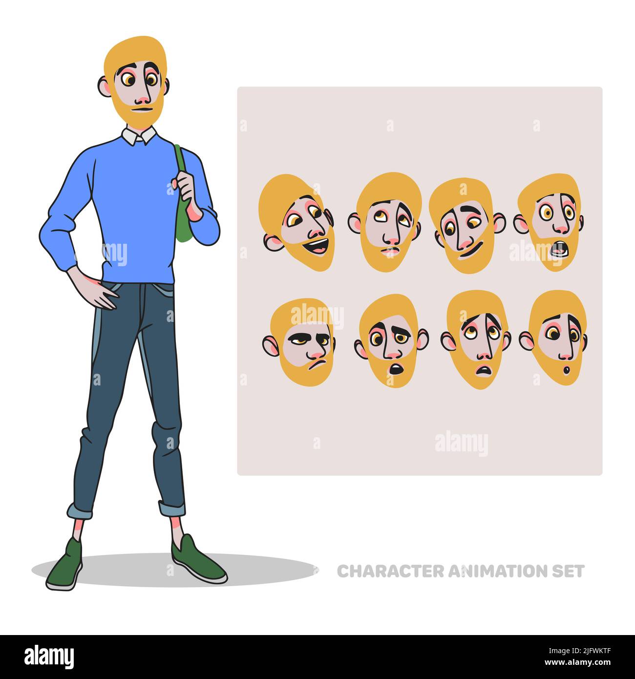 Set di animazione personaggio, ragazzo con barba, a tutta lunghezza, creazione di persone con emozioni, scarabocchio Illustrazione Vettoriale