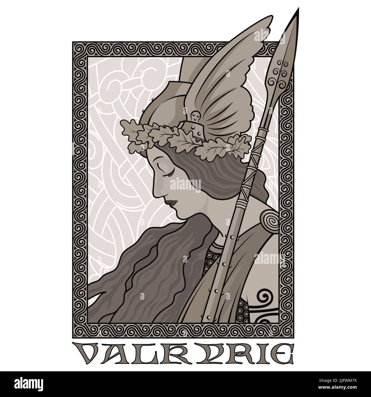 Valkyrie, illustrazione della mitologia scandinava, disegnata in stile Art Nouveau Illustrazione Vettoriale
