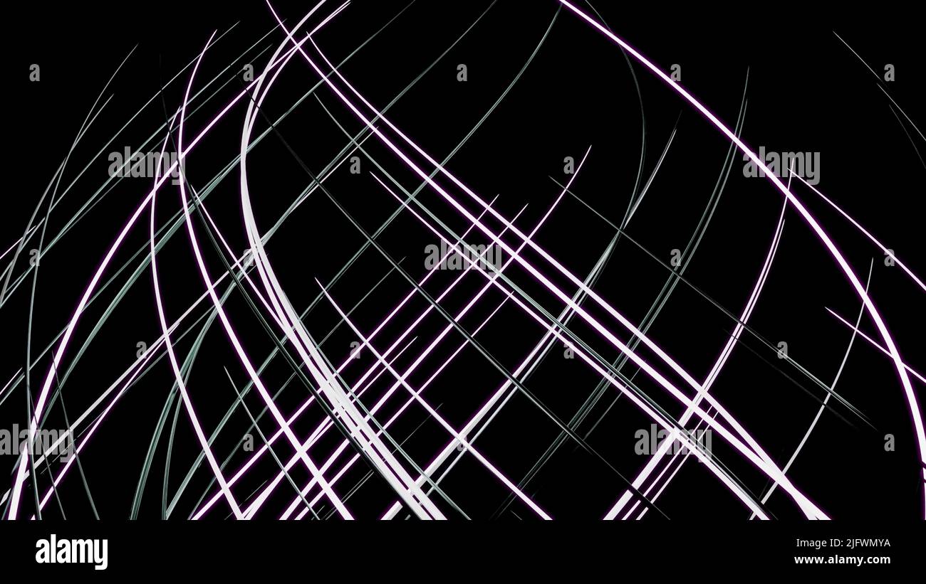 Sfondo nero.Design.linee bianche brillanti che si muovono intorno all'intero sfondo nell'animazione. Riprese a 4K° di alta qualità Foto Stock