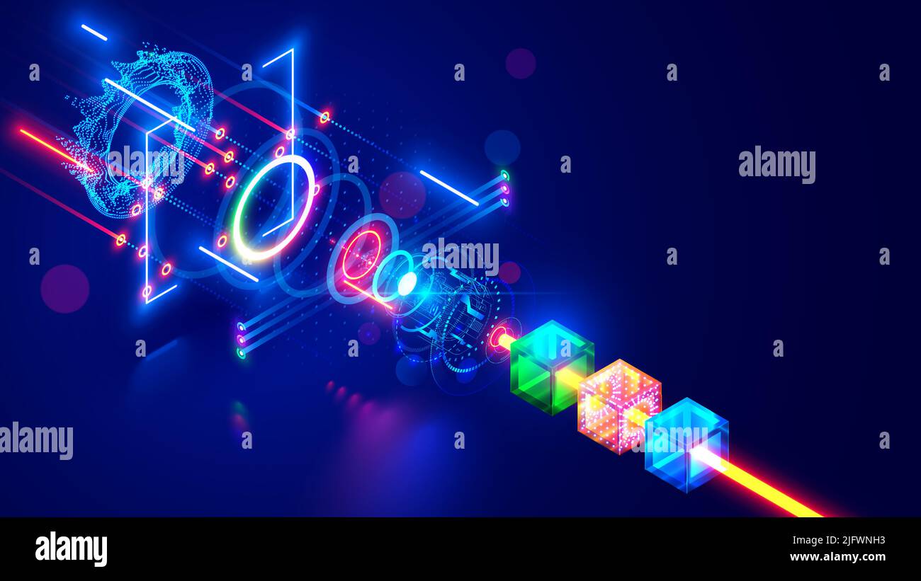 Illustrazione tecnica del collider Hadron. Scienza acceleratore nucleare particelle elementari. Esperimenti scientifici quantistici atomi di collisione, elettroni, protoni Illustrazione Vettoriale
