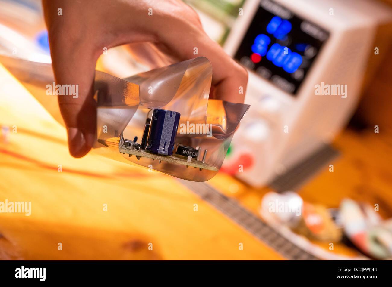 Componenti elettronici sensibili su una scheda a circuito stampato in contenitore antistatico ESD contro scariche e impulsi elettrostatici Foto Stock