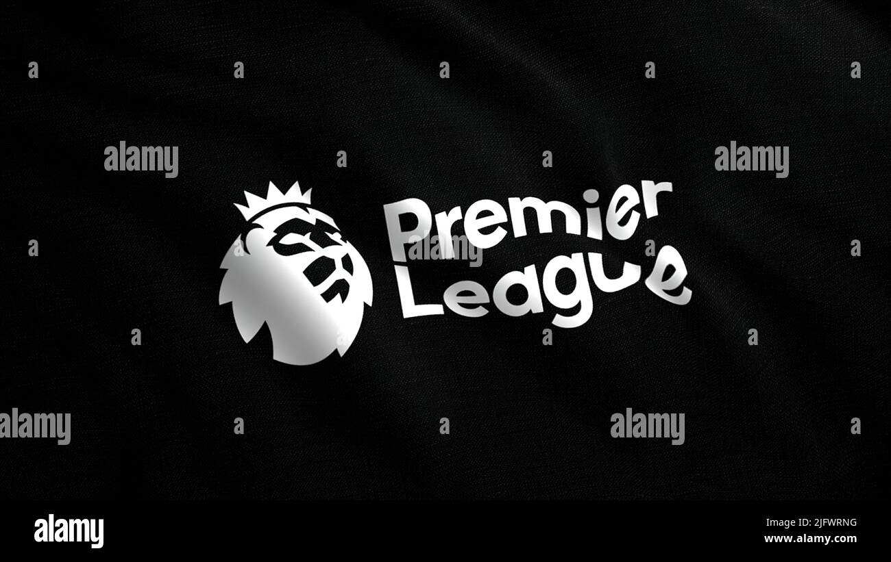 Sfondo nero.Motion.il simbolo bianco della Premier League realizzato in computer graphics.use solo per editoriale. Riprese a 4K° di alta qualità Foto Stock