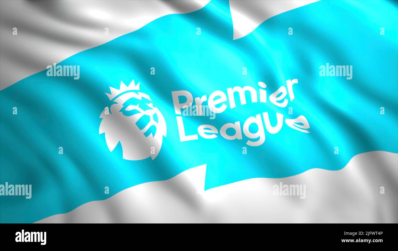 Il simbolo della Premier League su una tela blu.Motion.Un simbolo luminoso della Premier League inglese con un leone bianco.utilizzare solo per l'editoriale. Alto Foto Stock