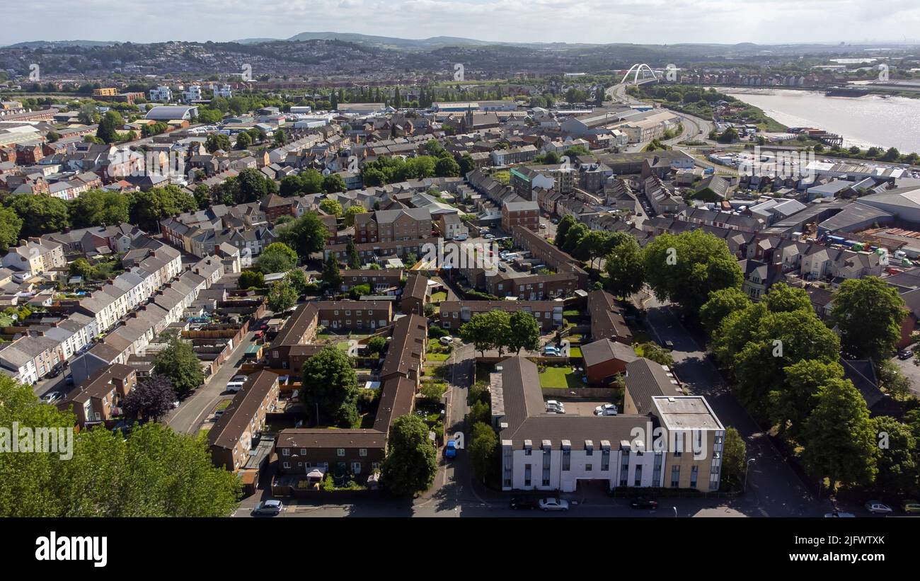 Una vista aerea di Pillgwenlly (pillola) a Newport. Foto Stock