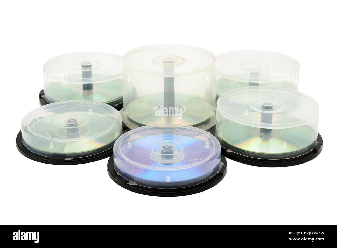 Scatole con disco DVD isolati su sfondo bianco Foto Stock