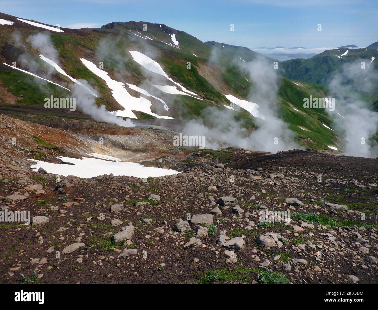 Campo di fumarole a vapore. Il vapore sale dalle fumarole degasanti (destra centrale) e da una piscina bollente (sinistra centrale) sul fianco del vulcano Akutan, isola di Akutan, Alaska. Le fumarole sono bocche da cui il gas vulcanico fuoriesce nell'atmosfera. Possono verificarsi lungo piccole crepe o lunghe fessure, in cluster o campi caotici, e sulle superfici dei flussi di lava e degli spessi depositi di flusso piroclastico. Essi possono persistere per decenni o secoli se sono al di sopra di una fonte di calore persistente o scomparire entro settimane o mesi se si verificano in cima a un fresco deposito vulcanico che si raffredda rapidamente. Credit: JL.Lewicki /USGS Foto Stock