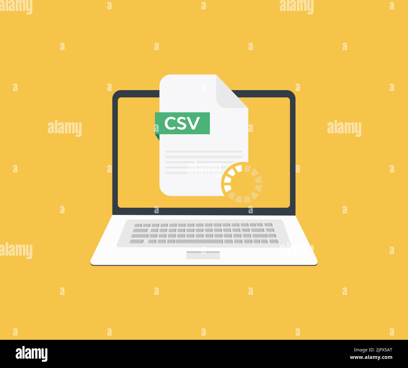 File CSV portatile su schermo, valori separati da virgole tipo di documento logo design. File Downoald con disegno e illustrazione del vettore etichetta CSV. Illustrazione Vettoriale