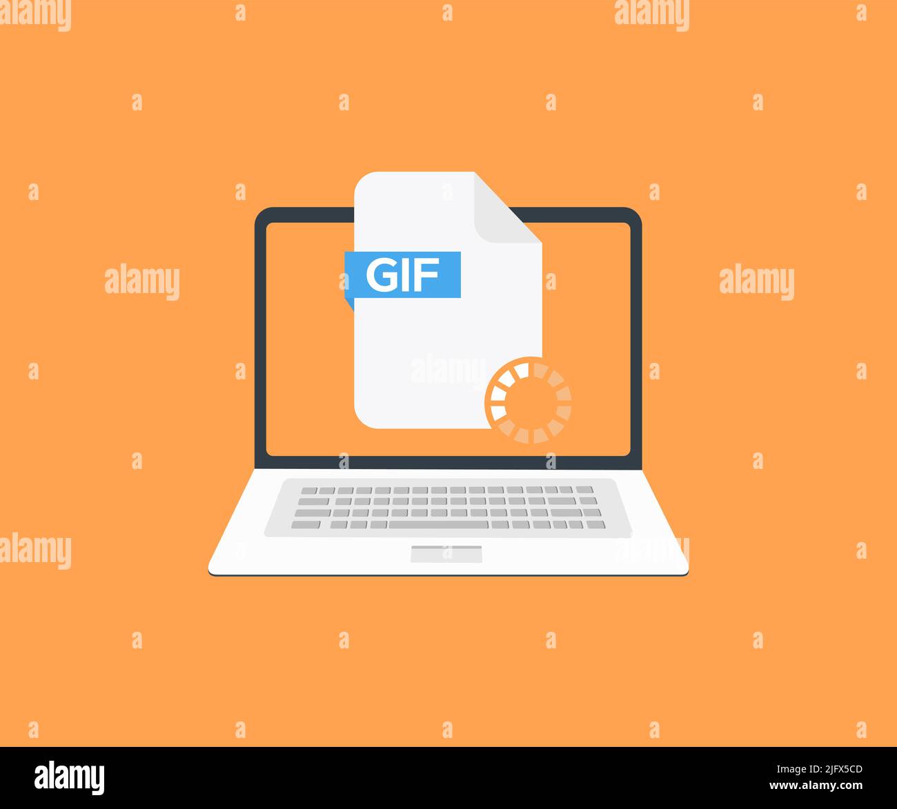Laptop e scaricare il logo GIF file. Concetto di download del documento, scaricamento freccia, disegno vettoriale icona di download semplice e illustrazione. Illustrazione Vettoriale