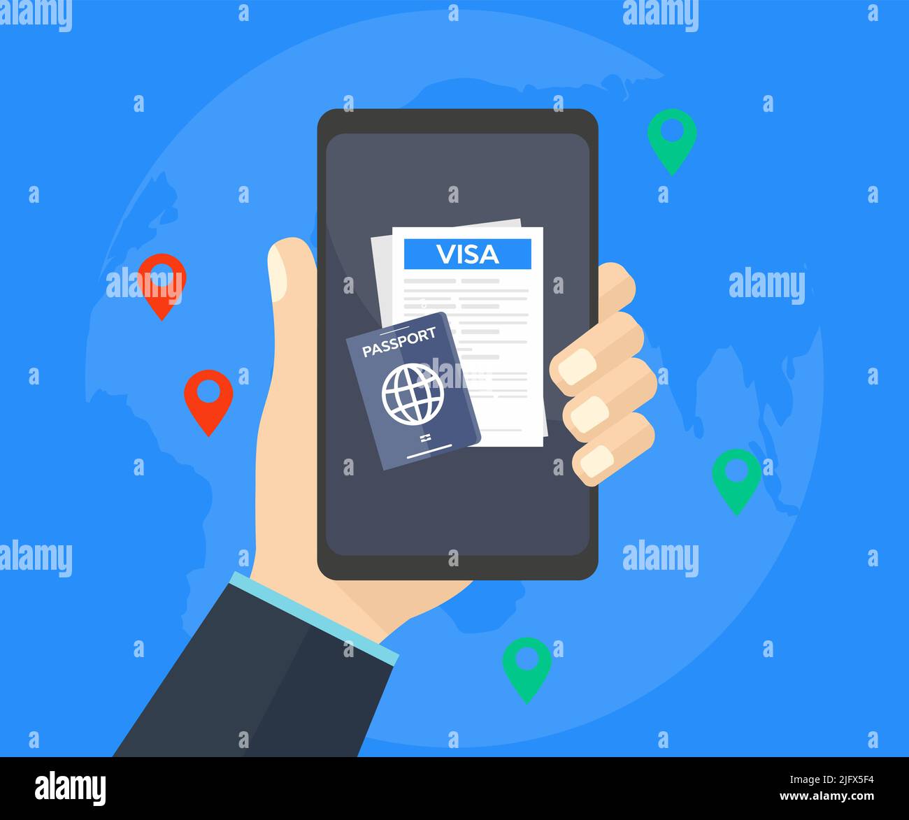 Applicazione Visa sul logo dello schermo dello smartphone. Appunti con modulo di richiesta del visto, passaporto, mappa dei pin, penna e computer portatile. Viaggi nel mondo, turismo. Illustrazione Vettoriale