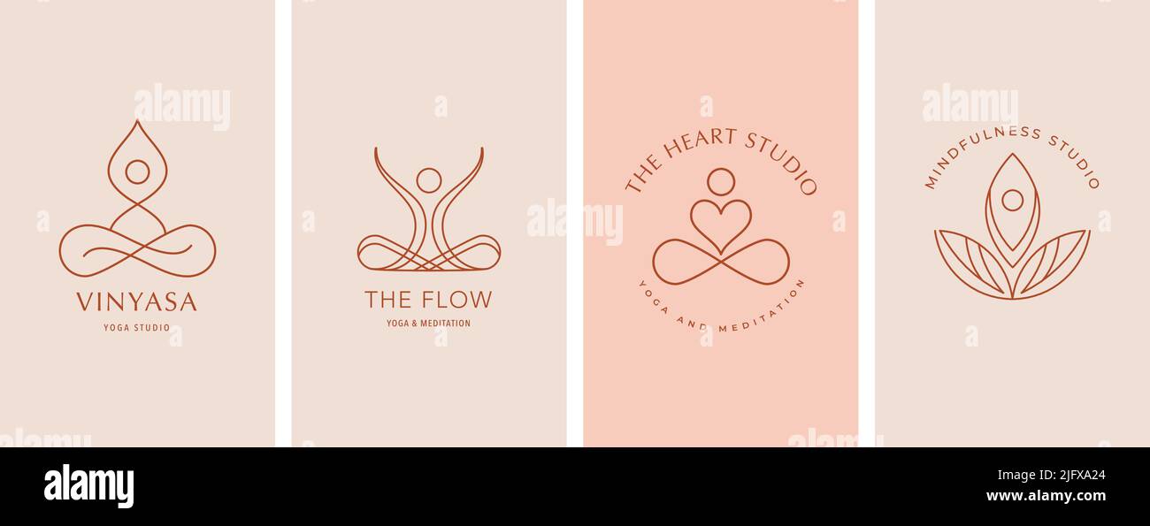 Collezione di logo Yoga, Zen e meditazione, icone lineari ed elementi. Illustrazioni minimaliste in stile bohémien in colori pastello Illustrazione Vettoriale