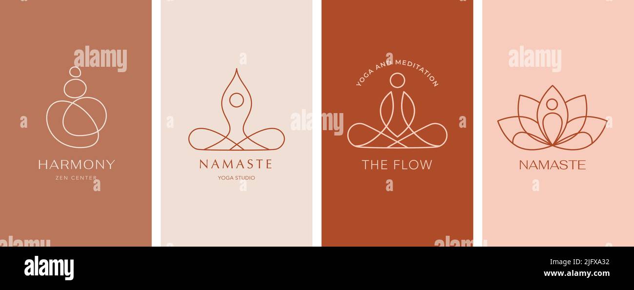 Collezione di logo Yoga, Zen e meditazione, icone lineari ed elementi. Illustrazioni minimaliste in stile bohémien in colori pastello Illustrazione Vettoriale