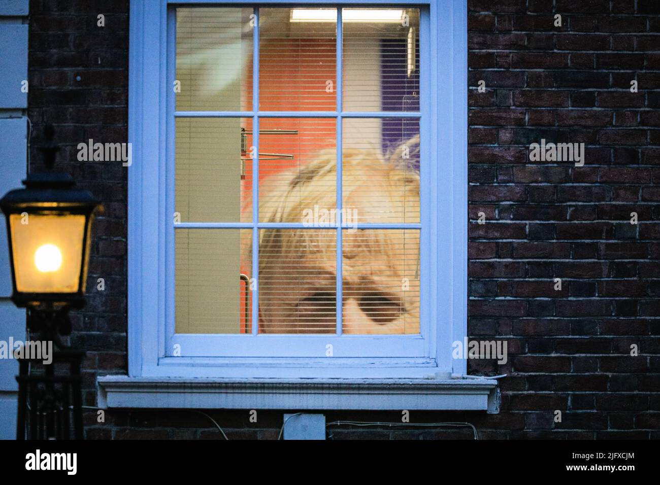 Londra, Regno Unito. 05th luglio 2022. Una gigantesca stampa del volto di Boris Johnson è ancora appesa in uno degli uffici della sede del partito conservatore in Matthew Parker Street, Westminster, a pochi minuti a piedi da Downing Street. Credit: Imagplotter/Alamy Live News Foto Stock