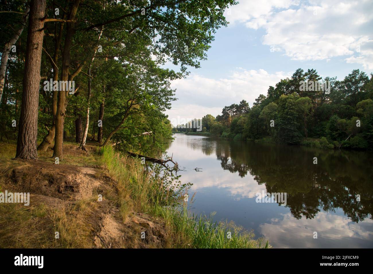 Il fiume Neisse al tramonto, fotografato dal lato della Polonia Foto Stock