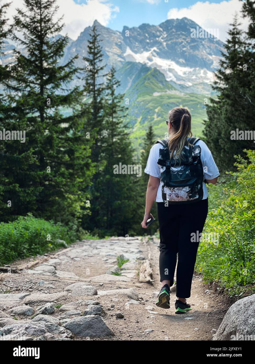 Giovane donna turistica con zaino a piedi in montagna Foto Stock