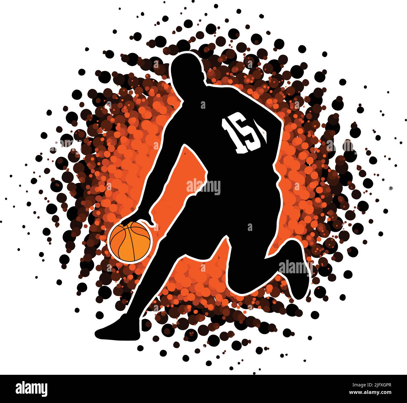 silhouette del giocatore di basket su sfondo di splash halftone - grafica vettoriale Illustrazione Vettoriale