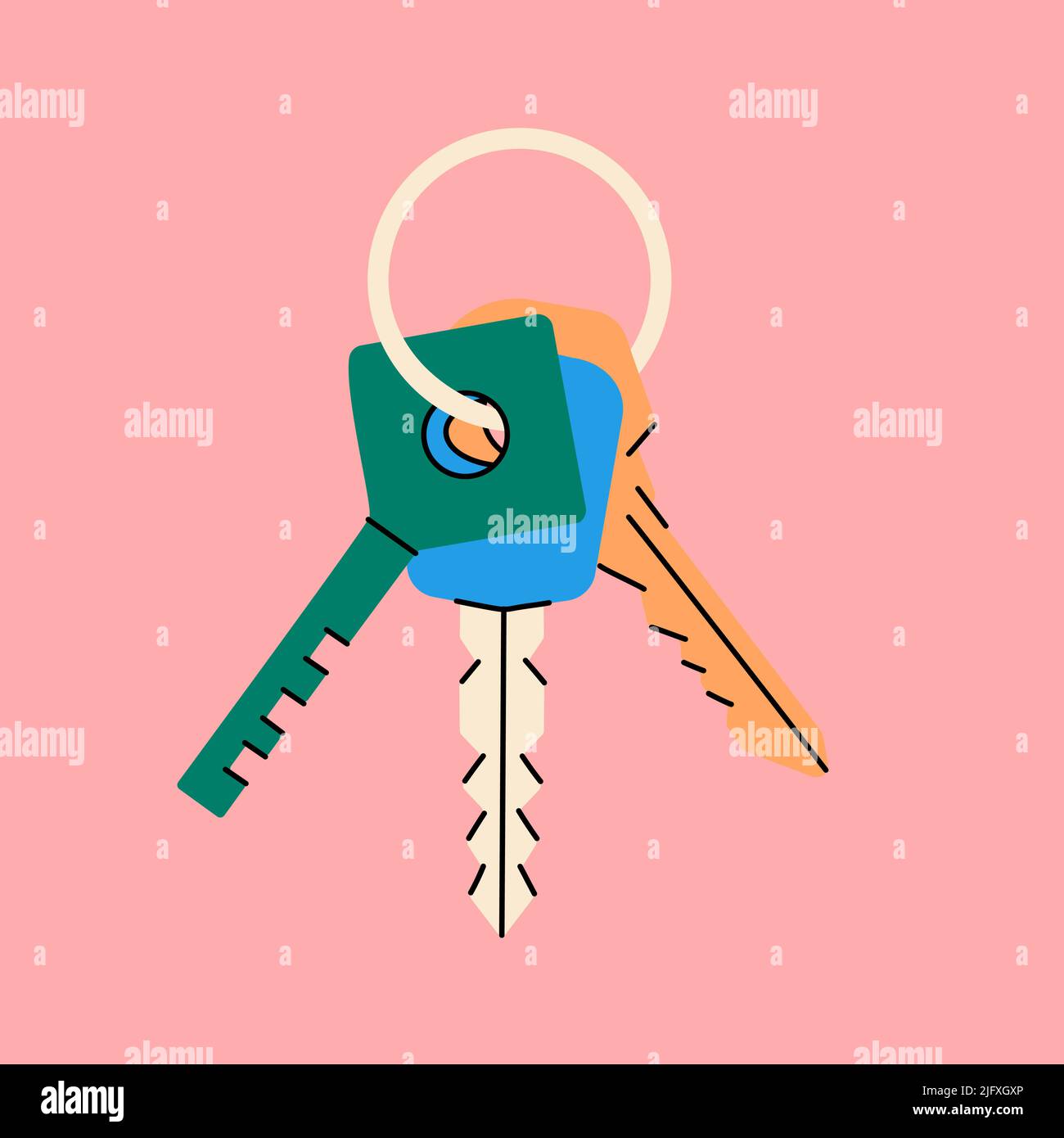Un gruppo di chiavi diverse con portachiavi ad anello. Tasti colorati disegnati a mano. Chiavi moderne. Modello di poster dell'illustrazione della sicurezza domestica Illustrazione Vettoriale