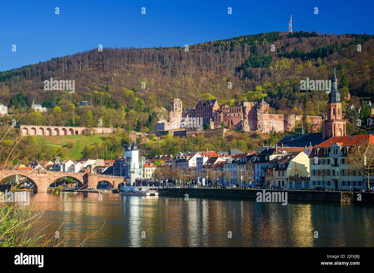 Città vecchia e Castello di Heidelberg sul fiume Neckar nello stato di Baden-Württemberg, Germania Foto Stock