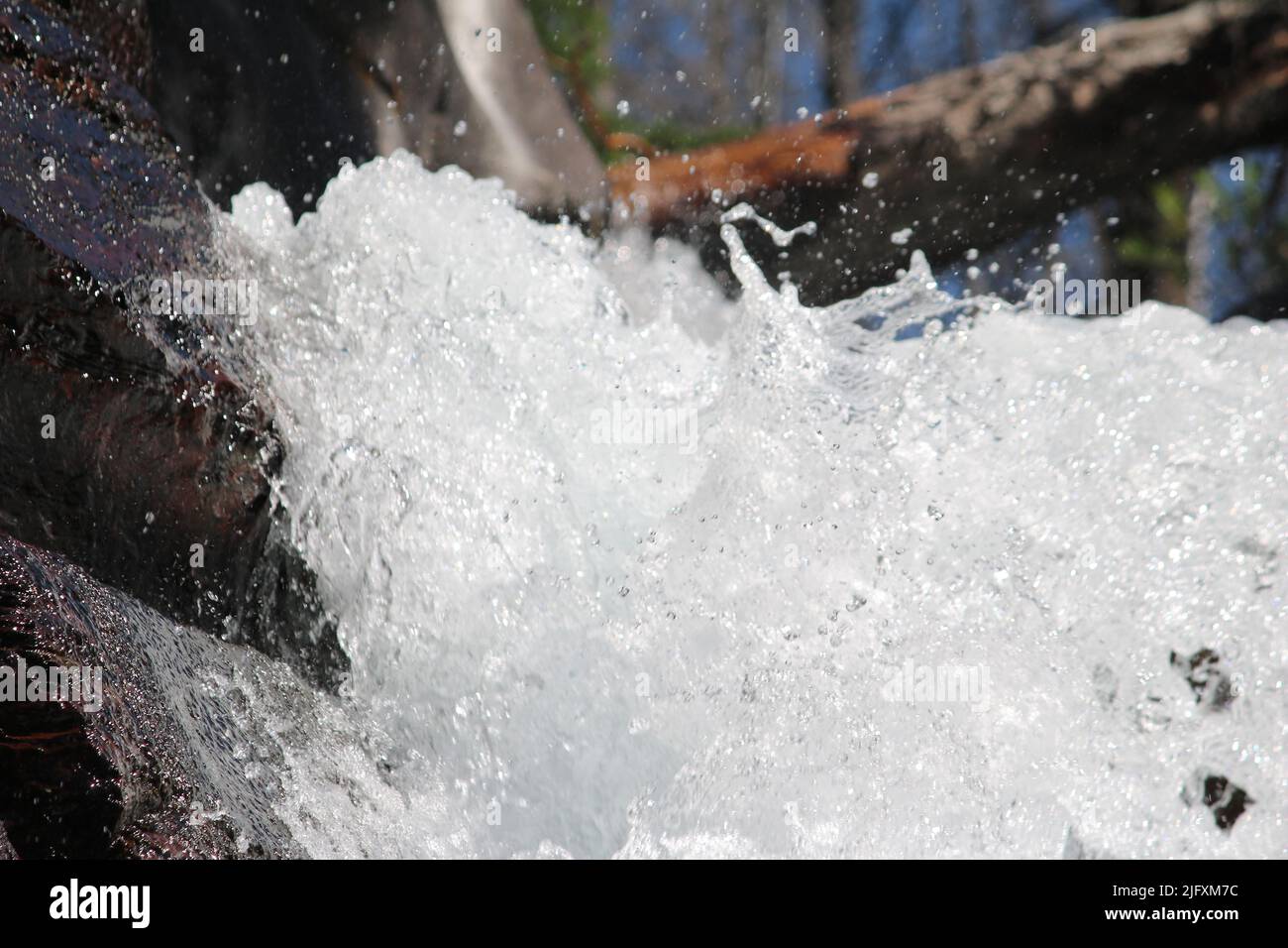 Vista da primo piano delle cascate, delle acque cristalline che sgorgano sotto i tronchi e sopra la scogliera rossa, le cascate di Baring, il Glacier National Park, MT, Stati Uniti Foto Stock