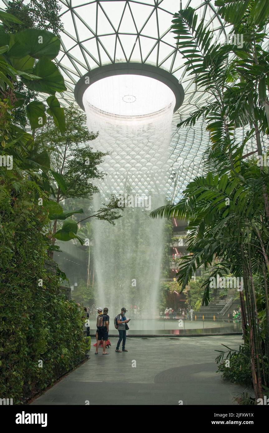 L'HSBC Rain Vortex, alta 40 metri e con l'acqua che scende dal tetto di Jewel all'aeroporto di Changi, è la cascata coperta più alta del mondo Foto Stock