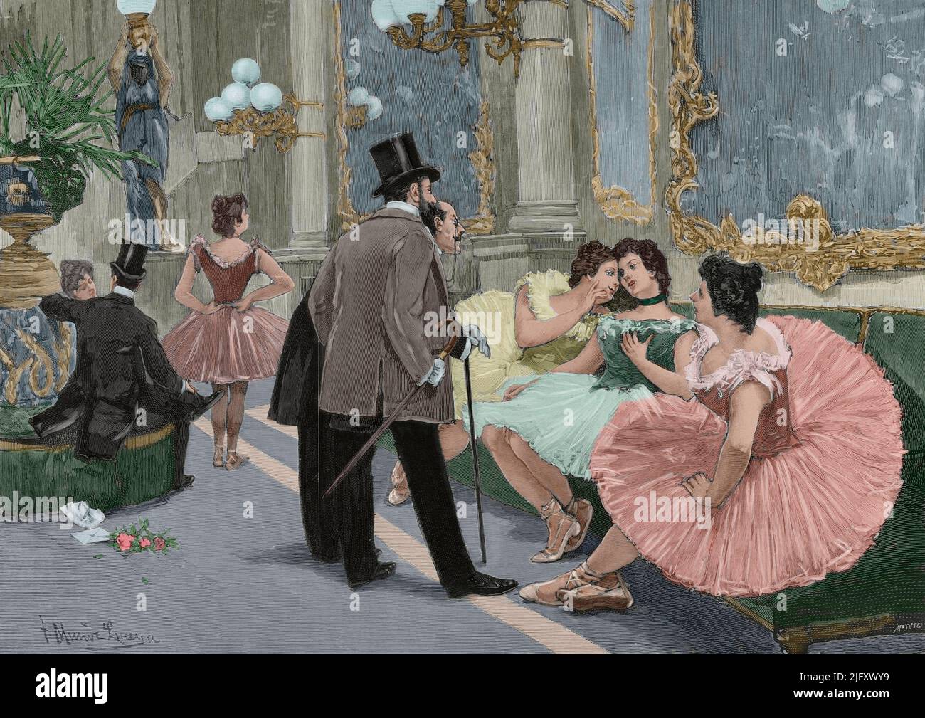 "Nel foyer". Illustrazione di Tomás Muñoz Lucena (1860-1943). Incisione di Matute. Successiva colorazione. La Ilustración Española y americana, 1898. Autore: Tomás Muñoz Lucena (1860-1943). Artista spagnolo. Foto Stock