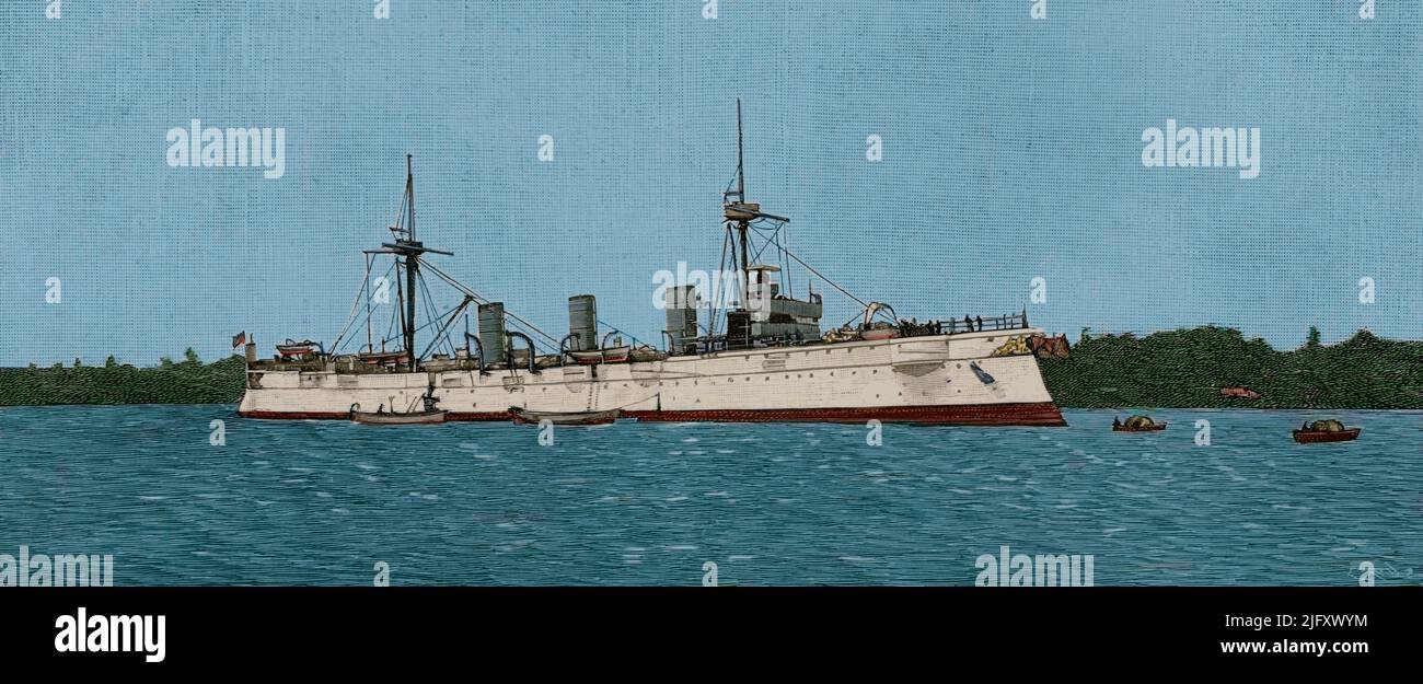 Lo Squadrone tedesco dell'Asia orientale. La Marina Imperiale tedesca proteggeva l'incrociatore SMS Kaiserin Augusta (1892-1920), destinato alla città di Tsingtao (Cina) nel gennaio 1898. Incisione di Capuz. Successiva colorazione. La Ilustración Española y americana, 1898. Autore: Tomás Carlos Capuz (1834-1899). Incisore spagnolo. Foto Stock