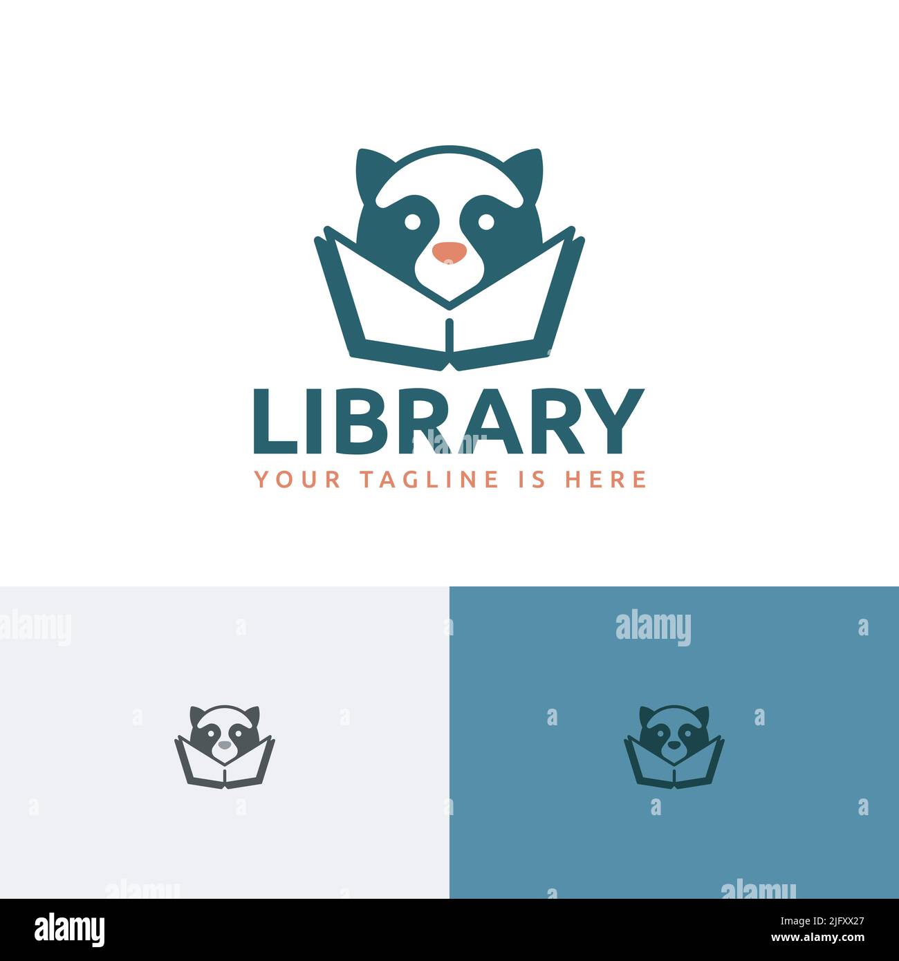 Raccoon Library Reading School Kid Children Animal Logo Illustrazione Vettoriale