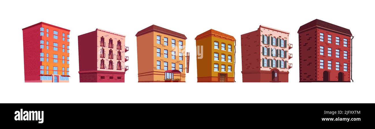 Creazione di illustrazioni isolate vettoriali cartoni animati. Elementi di paesaggio della città set, edifici a più piani con balconi e grondaia, appartamenti residenziali, uffici, negozio o caffè, hotel con baldacchino rosso Illustrazione Vettoriale